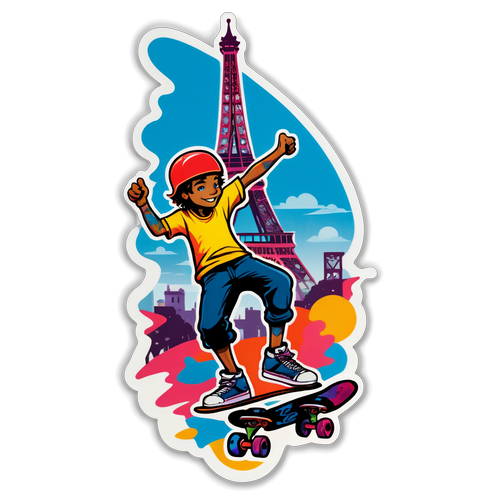 Skateboarder Ceria Meluncur di Paris: Sticker Penuh Keceriaan dan Kreativiti!