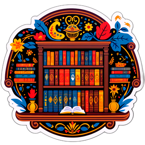 Autocolant cu bibliotecă de cărți despre muzica populară și cultura românească în stil tradițional