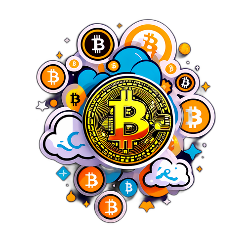 Sticker na may lumulutang na bitcoin at iba't ibang simbolo ng kayamanan