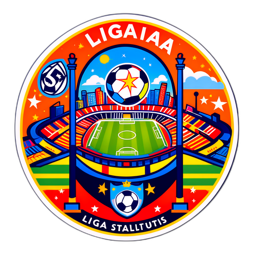 Sticker stilizat cu Liga I și simbolurile orașului