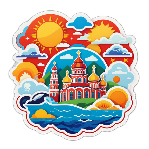 Стикер погоды Новороссийска с местными достопримечательностями в разных погодных условиях