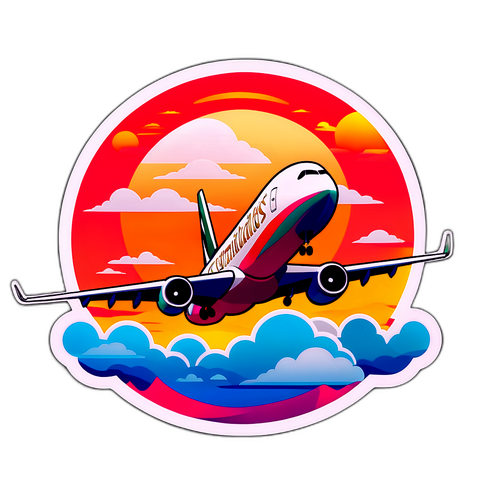 Stilig flydesign som representerer Emirates med skyer og en livlig solnedgang