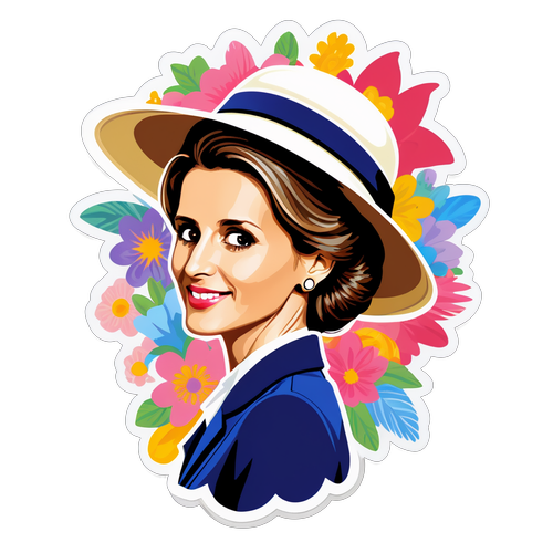 Farverig illustration af Asma al-Assad med modehat