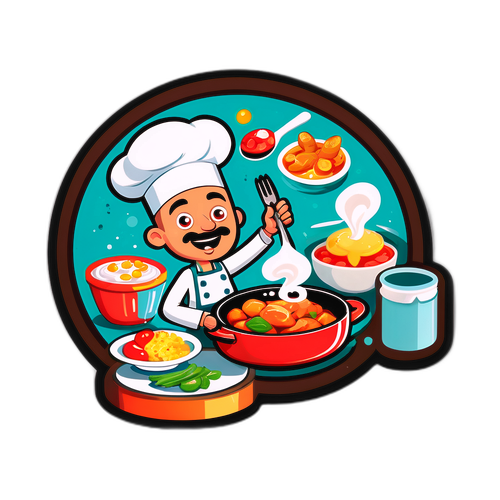 מדבקה חמודה של אסף גרנית מבשל בהומור, מוקף במנות טעימות