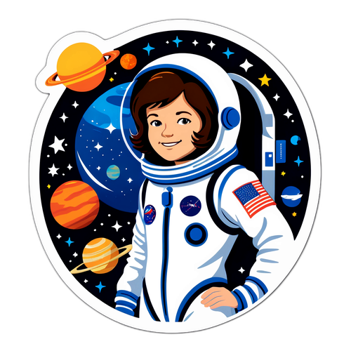 Inspirerende sticker van Sally Ride in astronautenpak