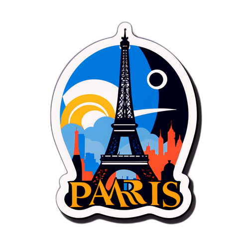 Stylizovaný silueta města Paříže s Eiffelovou věží na pozadí loga PSG