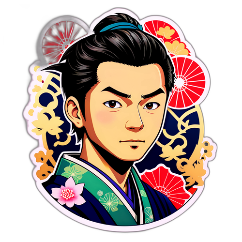 Stylizovaný portrét Shuna Sato s japonskými kulturními prvky