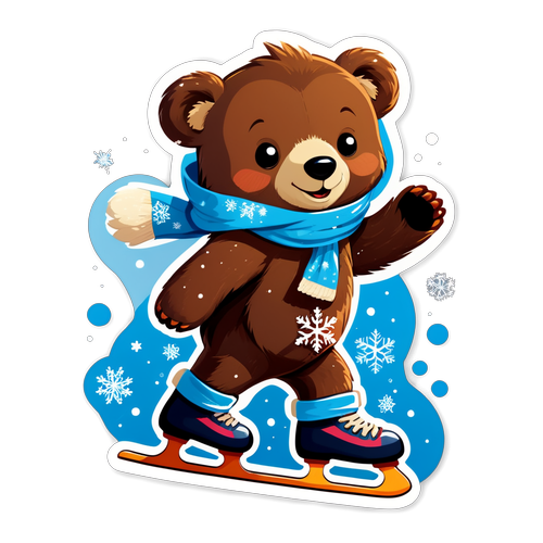穿著可愛冰鞋的小熊在冰上滑行，雪花向它飄來