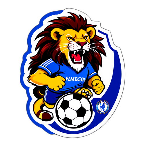 Isang sticker ng umaatungal na leon na may hawak na soccer ball, na kumakatawan sa Flamengo, na may kaibahan na asul na background na may simbolo ng Chelsea sa tabi