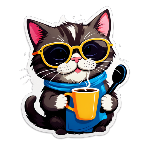 Cute Cat with Sunglasses and Coffee Sticker