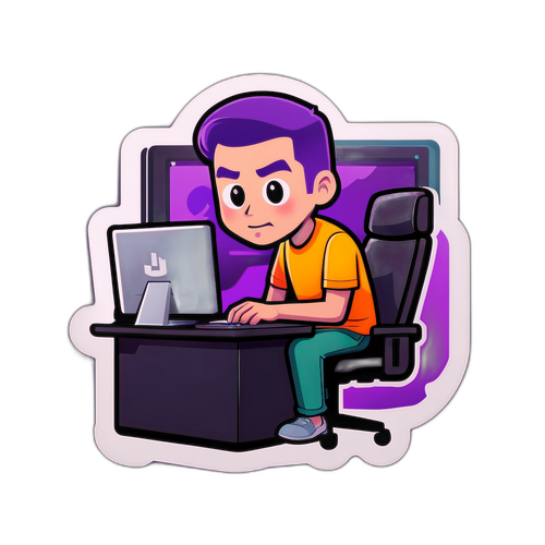 สติกเกอร์ที่มีโลโก้ Twitch และการ์ตูนของเจ้าของช่องนั่งอยู่หน้าเครื่องคอมพิวเตอร์
