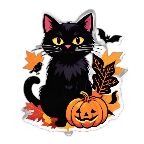 Ilustração de Gato Preto e Folhas de Outubro