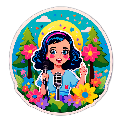 Stiker Kartun Katy Perry dengan Pohon dan Bunga