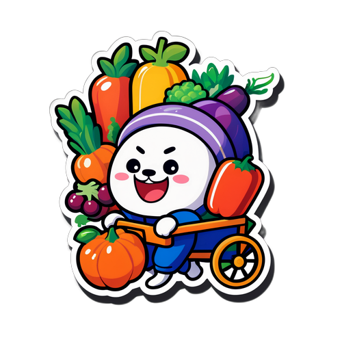 ダイエイのマスコットキャラクターが新鮮な野菜や果物を満載したカートを押しているデザイン