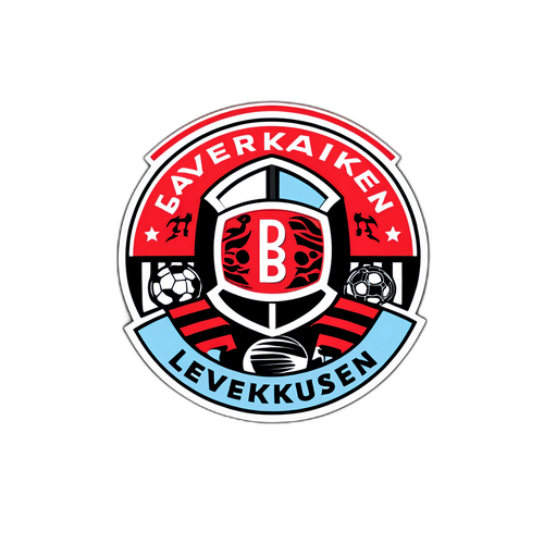 Sticker van het Bayer Leverkusen logo met een voetbal en een actie achtergrond van het stadion