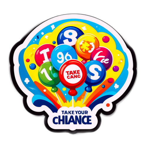 Design d'un autocollant représentant un tirage de loterie, avec des bulles de chance et le slogan 'Prenez Votre Chance !'
