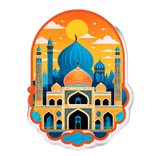 Illustrate Iranian architecture in a sticker, featuring intricate tile work and a beautiful skyline.
