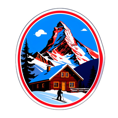 Vacker teckning av Matterhorn med skidåkare och mysig chalet