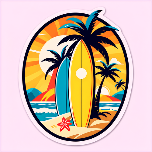 Retro Beach Scene with Palm Trees and Vintage Surfboard