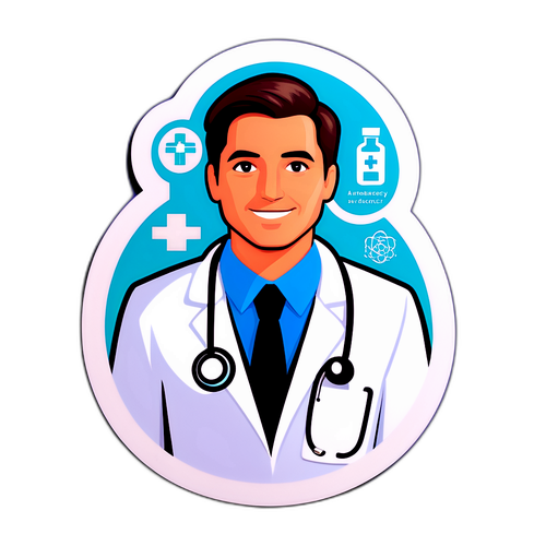 Sticker cu doctor în halat alb și texte inspiraționale