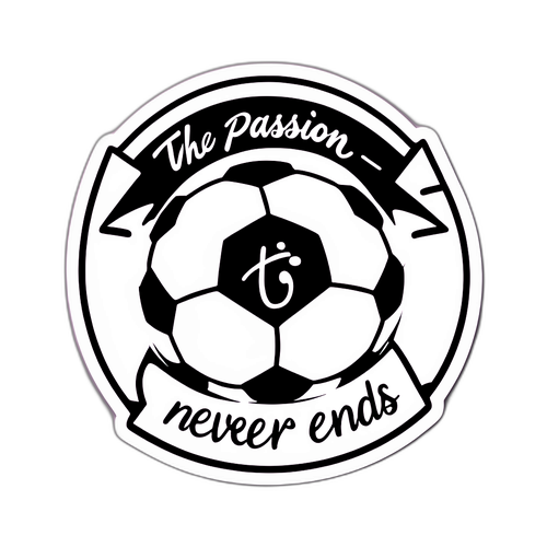 Adesivo com uma bola de futebol e a frase "A paixão nunca acaba"