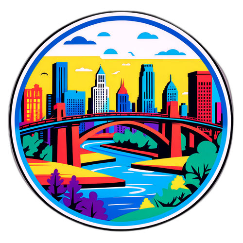 Živá a barevná reprezentace ikonických mostů a řek Minneapolisu