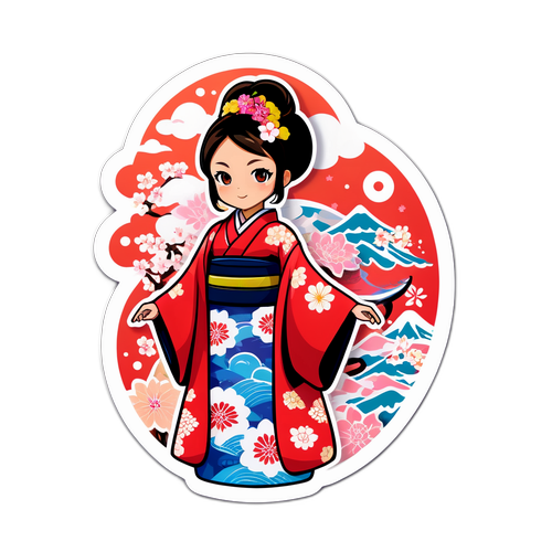 Sticker jucăuș cu Mone Chiba în kimono vibrant