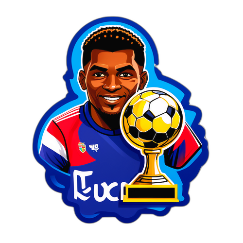 Sticker cu Peter Rufai și trofeul său