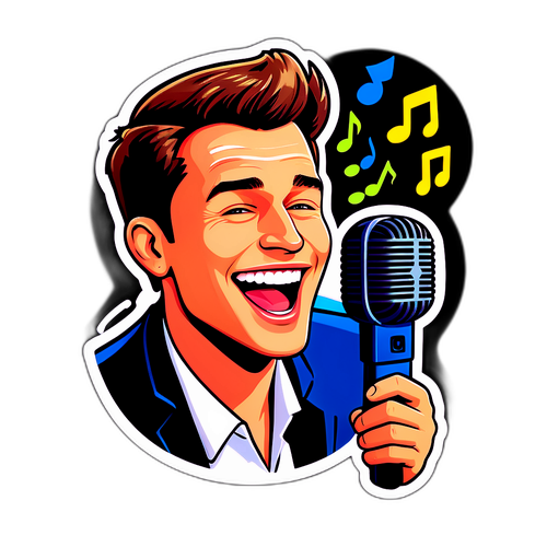 Šťastná nálepka Tomáše Kluse zpívajícího do mikrofonu