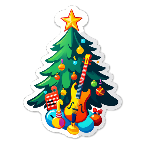 Kleurvolle sticker voor 3FM Serious Request met een kerstboom en muziekinstrumenten