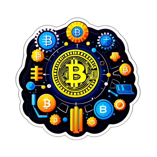 Umělecké znázornění Bitcoinu obklopeného technologickými prvky