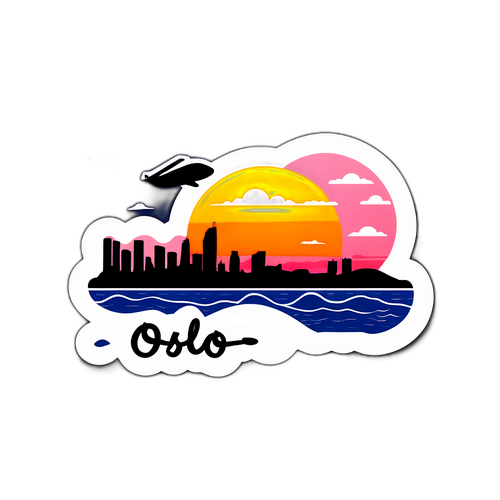 Minimalist klistermärke med Oslo-siluett vid solnedgång
