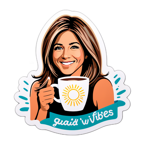 Šťastná samolepka Jennifer Aniston s kávou