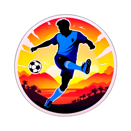 O artă a unei lovituri de fotbal cu silueta unui jucător la apus