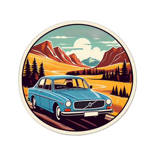 Retroinspirerad klistermärke av en gammal Volvo på en naturskön väg