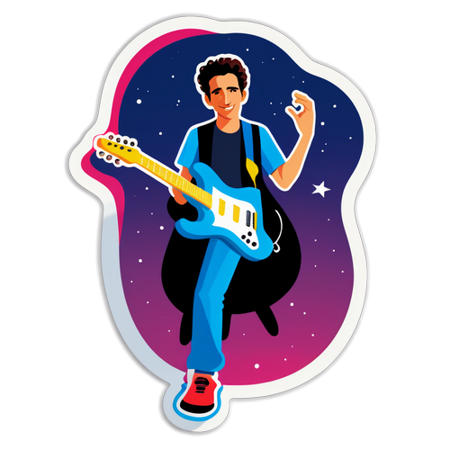 Kleurrijke illustratie van Yuval Raphael met een gitaar op het podium