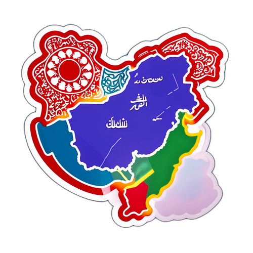 Наклейка с очерченным цветным контуром карты Ирана, украшенной традиционными узорами и символами