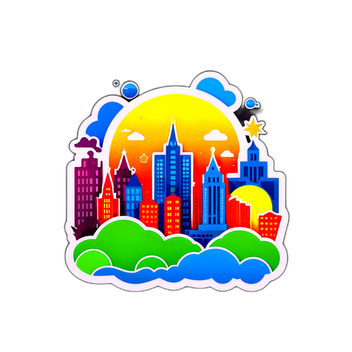 Яркая наклейка с силуэтом города Новосибирска и погодными эмодзи