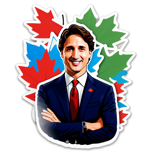 Sticker van Justin Trudeau met Canadese symbolen