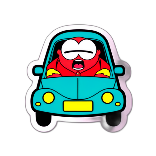 Sticker met cartoonachtige auto en 'Accident E40' label