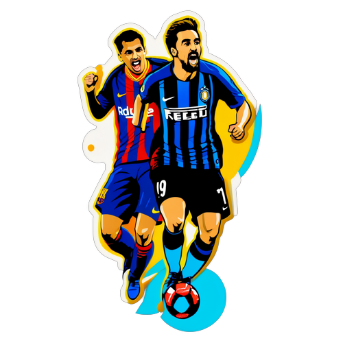 Stickers van een spannend moment in de wedstrijd tussen Barca en Inter