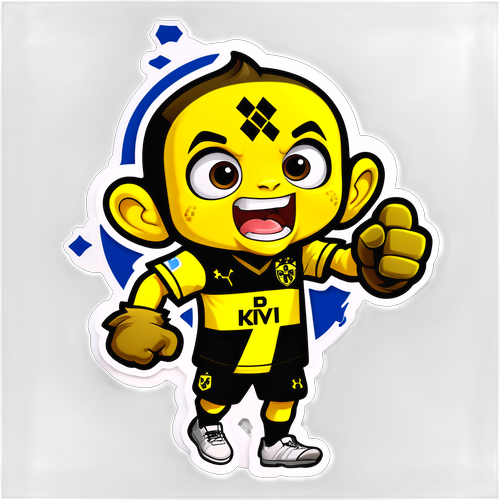 Um adesivo divertido do mascote do Dynamo Kyiv vestindo uma camisa do Borussia Dortmund, em um cenário de estádio