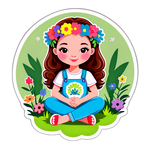 Kreatives Stickerdesign von Daphne van Gerwen, entspannt in einem Garten mit Blumenkranz im Haar
