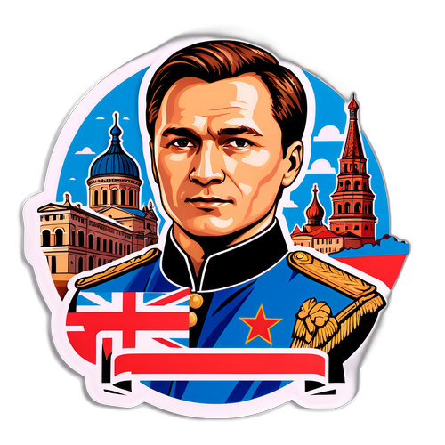 Наклейка, изображающая Юрия Напсова с историческими достопримечательностями