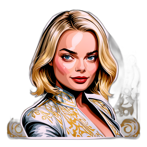 Une conception glamour de Margot Robbie entourée de motifs dorés et argentés