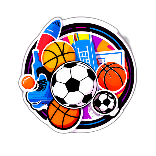 Ein farbenfrohes Sport-Sticker-Design mit einem Fußball, Basketball und anderen Sportgeräten