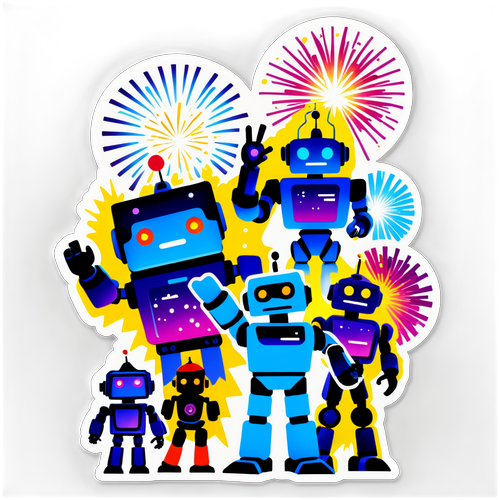 庆祝新年的机器人群贴纸