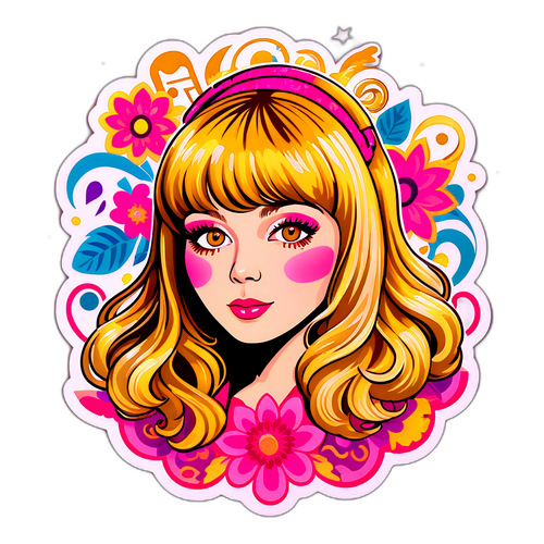 Яркая наклейка с Пугачевой, окруженной музыкальными нотами и цветочными узорами