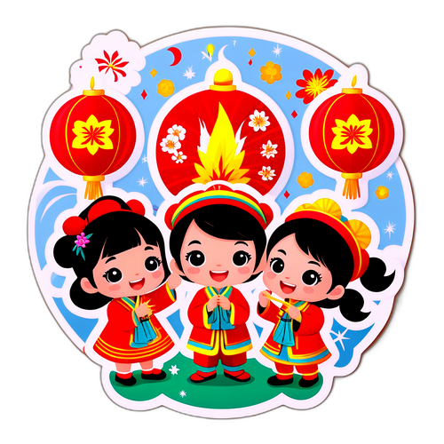 Sticker Tết vui tươi với trẻ em mặc trang phục truyền thống