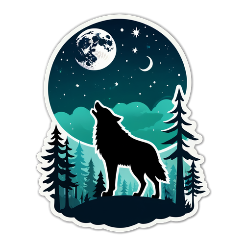 Betoverende Sticker: De Huilende Wolf Onder de Sterren - Ontdek de Mystiek van de Nacht!